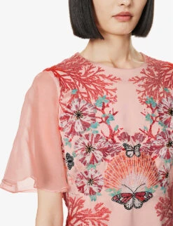 Corallium Floaty-sleeve Beaded Woven Mini Dress -Closet By She R04171623 PINKCORALCOLLAGE ALT04