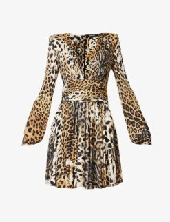 Roberto Cavalli Leopard-print V-neck Woven Mini Dress