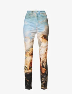 Roberto Cavalli Graphic-print Brand-patch Tapered-leg High-rise Stretch-denim Jeans