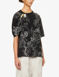 Dries Van Noten Brooch-embellished Floral-print Cotton T-shirt -Closet By She R04180735 BLACK ALT02