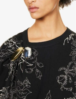 Dries Van Noten Brooch-embellished Floral-print Cotton T-shirt -Closet By She R04180735 BLACK ALT04