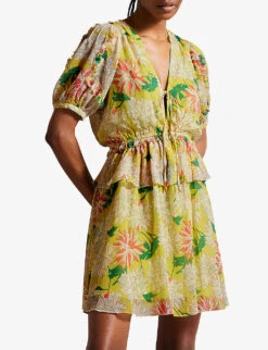 Ted Baker Isbella Puff-sleeve Floral-print Woven Mini Dress -Closet By She R04181233 BRTYELLOW ALT02