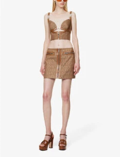 Versace Monogram Slim-fit Woven Mini Skirt -Closet By She R04185112 BROWNBEIGE ALT01