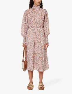 Isabel Marant Etoile Galoa Floral-patterned Frilled-trim Slim-fit Cotton Midi Dress -Closet By She R04188816 ECRUORANGE ALT01