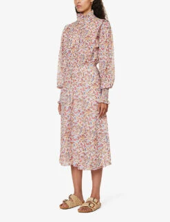 Isabel Marant Etoile Galoa Floral-patterned Frilled-trim Slim-fit Cotton Midi Dress -Closet By She R04188816 ECRUORANGE ALT02