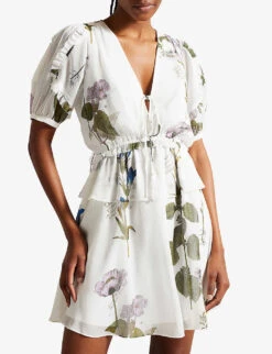 Ted Baker Jaliyaa Floral-print Puff-sleeved Recycled Polyester-blend Mini Dress 9 Ted Baker Jaliyaa Floral-print Puff-sleeved Recycled Polyester-blend Mini Dress -Closet By She R04189298 WHITE ALT02
