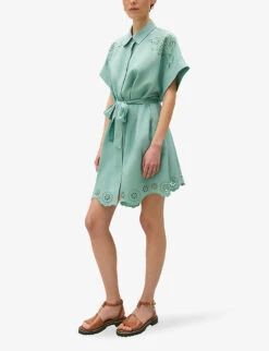 CLAUDIE PIERLOT Rafia Broderie-anglaise Belted-waist Linen-blend Mini Dress -Closet By She R04189888 VERTS ALT02
