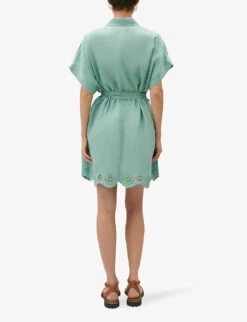 CLAUDIE PIERLOT Rafia Broderie-anglaise Belted-waist Linen-blend Mini Dress -Closet By She R04189888 VERTS ALT03