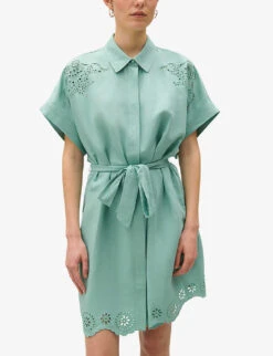 CLAUDIE PIERLOT Rafia Broderie-anglaise Belted-waist Linen-blend Mini Dress -Closet By She R04189888 VERTS ALT04