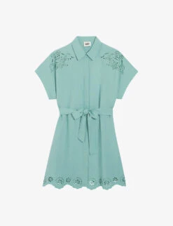 CLAUDIE PIERLOT Rafia Broderie-anglaise Belted-waist Linen-blend Mini Dress