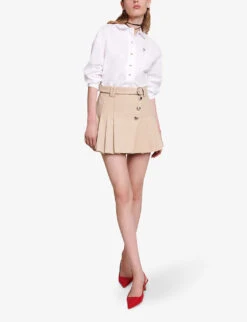 Maje Jumita Button-embellished Pleated Cotton Mini Skirt -Closet By She R04190270 NATURELS ALT01