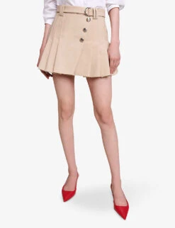 Maje Jumita Button-embellished Pleated Cotton Mini Skirt -Closet By She R04190270 NATURELS ALT04