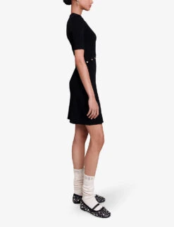 Maje Rellier Button-embellished Short-sleeve Stretch-knit Mini Dress -Closet By She R04190336 NOIRGRIS ALT02