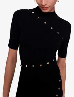 Maje Rellier Button-embellished Short-sleeve Stretch-knit Mini Dress -Closet By She R04190336 NOIRGRIS ALT04