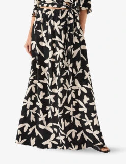 Leaf-print Maxi-length Woven Skirt -Closet By She R04191957 BLACK ALT02