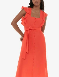 Whistles Sophie Frill-sleeve Button-down Woven Midi Dress -Closet By She R04196284 RED ALT02